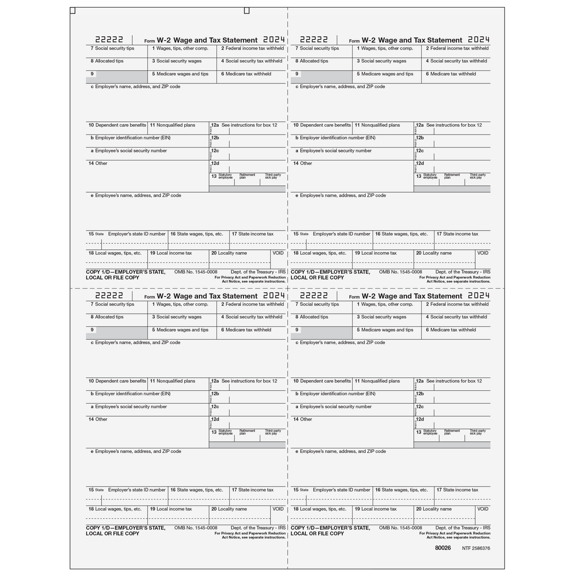 W-2 Employer 4up Quad Copies 1/D