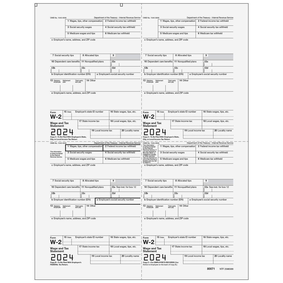 W-2 Employee 4up Quad Copies 2/2/B/C