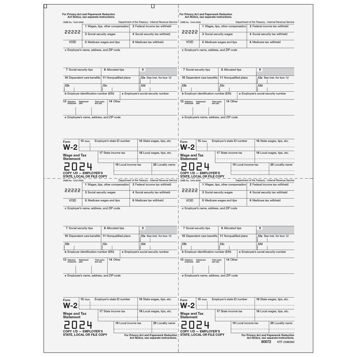 W-2 Employer 4up Quad Copies 1/D (order in increments of 50)