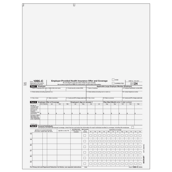 Preprinted 1095-C Recipient Copy Blank Top