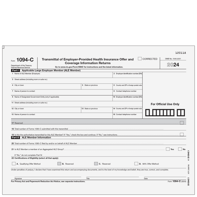 1094-C Employer Provided Health Transmittal Page 1