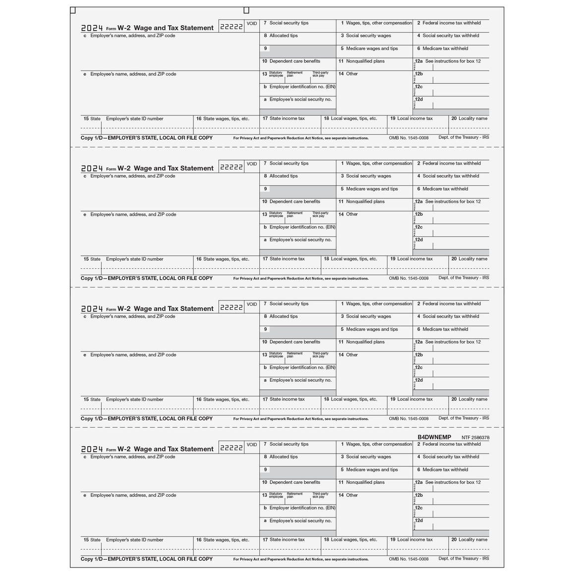 W-2 Employer 4up Horizontal Copies 1/D