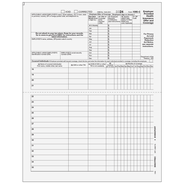 1095-C Full Page Recipient Form w/ Instructions on Back