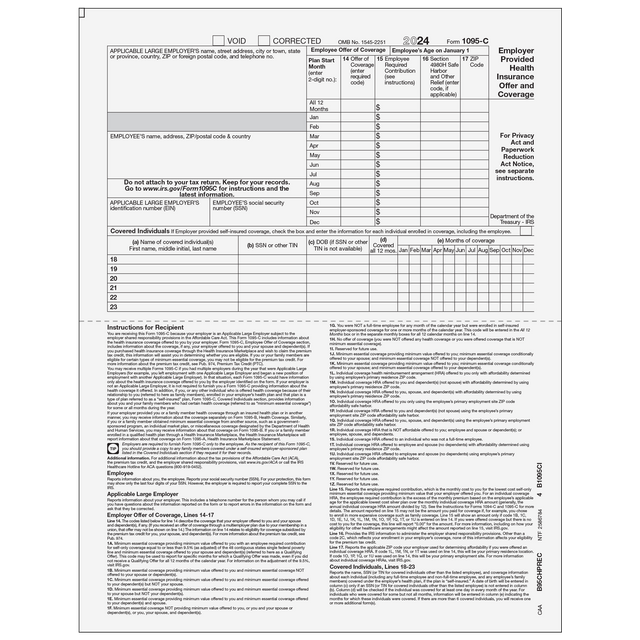 1095-C Half Page Recipient Form w/ Instructions on Front