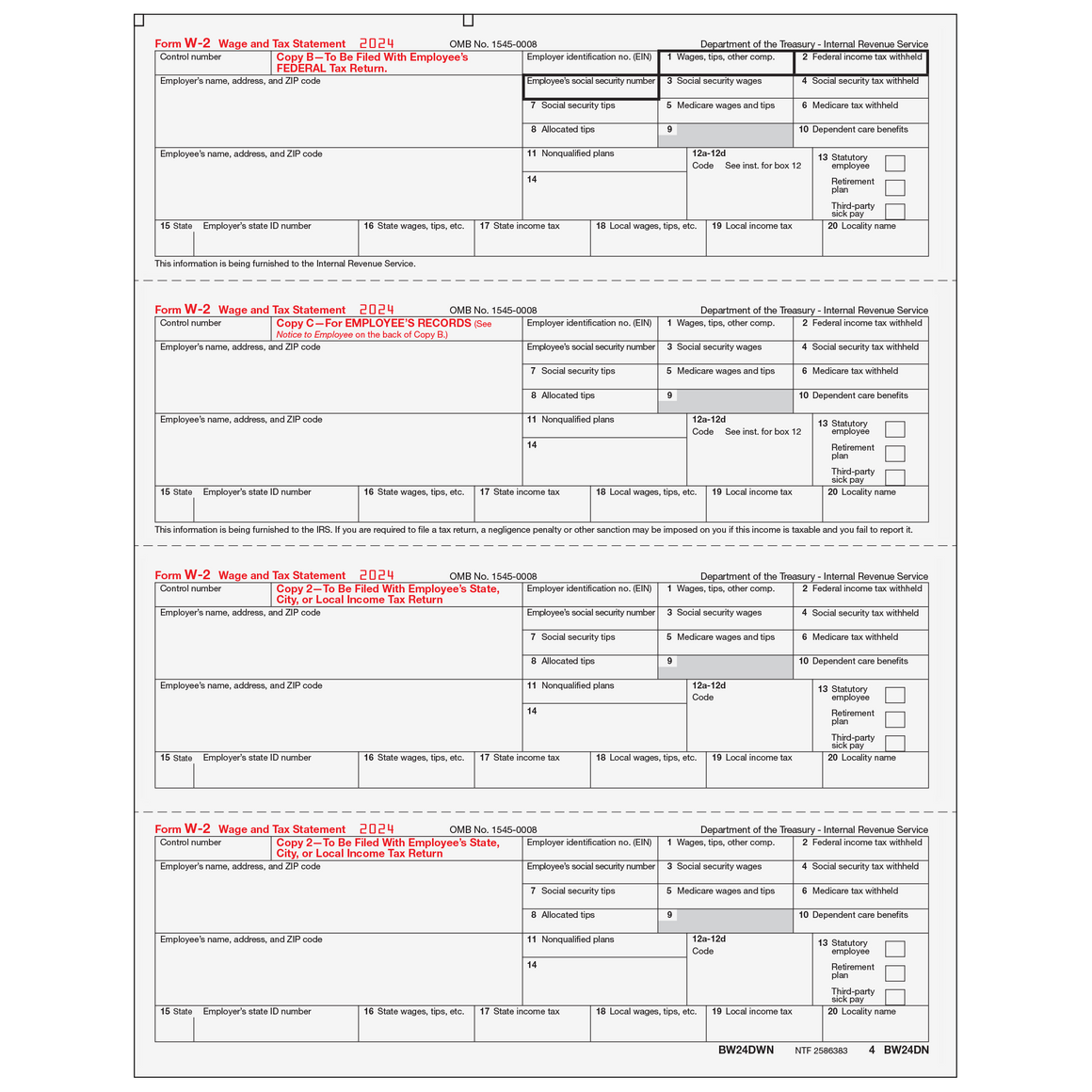 W-2 Employee 4up Horizontal Copies B/C/2/2