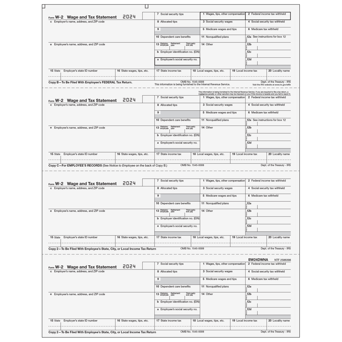 W-2 Employee 4up Horizontal Copies B/C/2/2