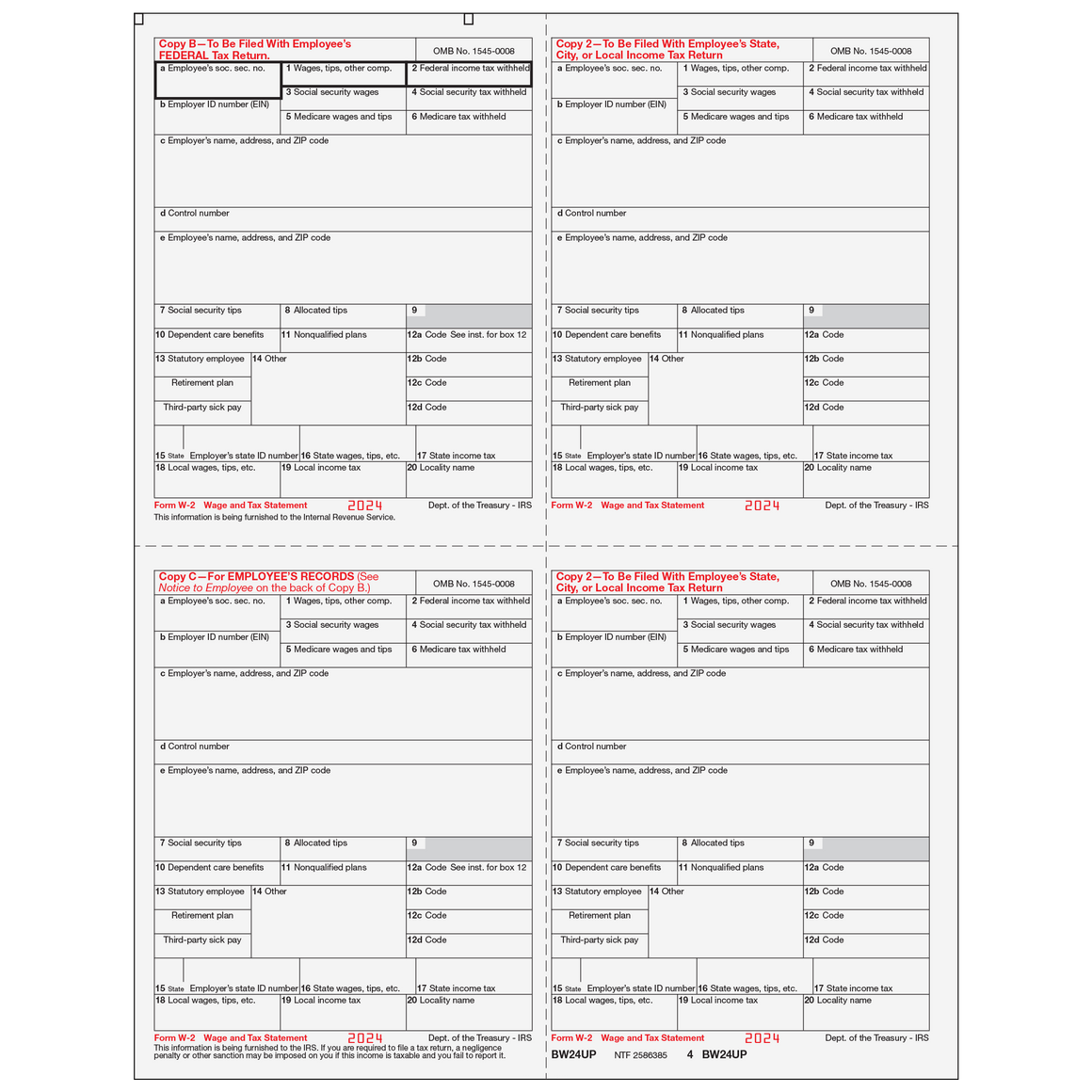 W-2 Employee 4up Quad Copies B/2/C/2