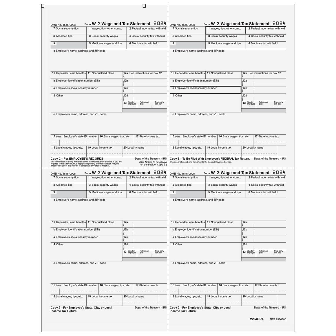 W-2 Employee 4up Quad Copies C/B/2/2