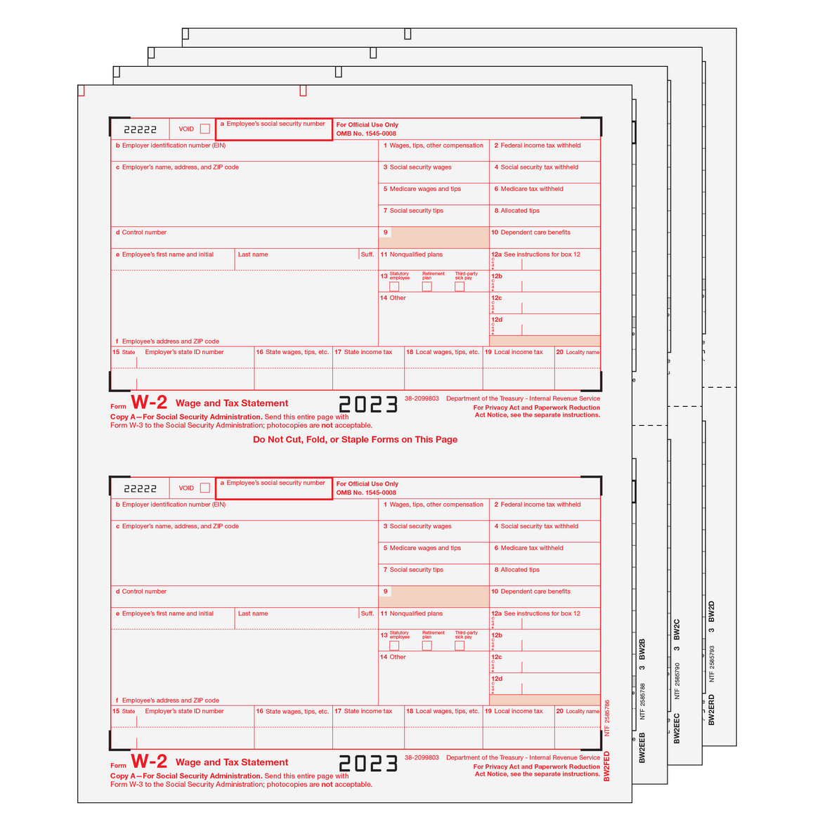 W-2 Forms - Traditional Preprinted 2up 4-part Set