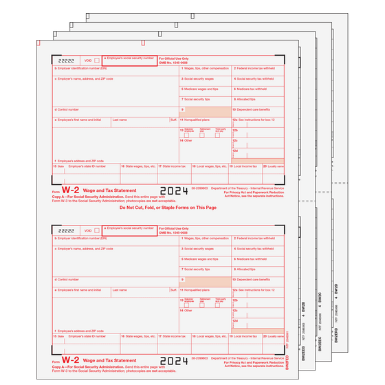 W-2 Forms - Traditional Preprinted 2up 4-part Set