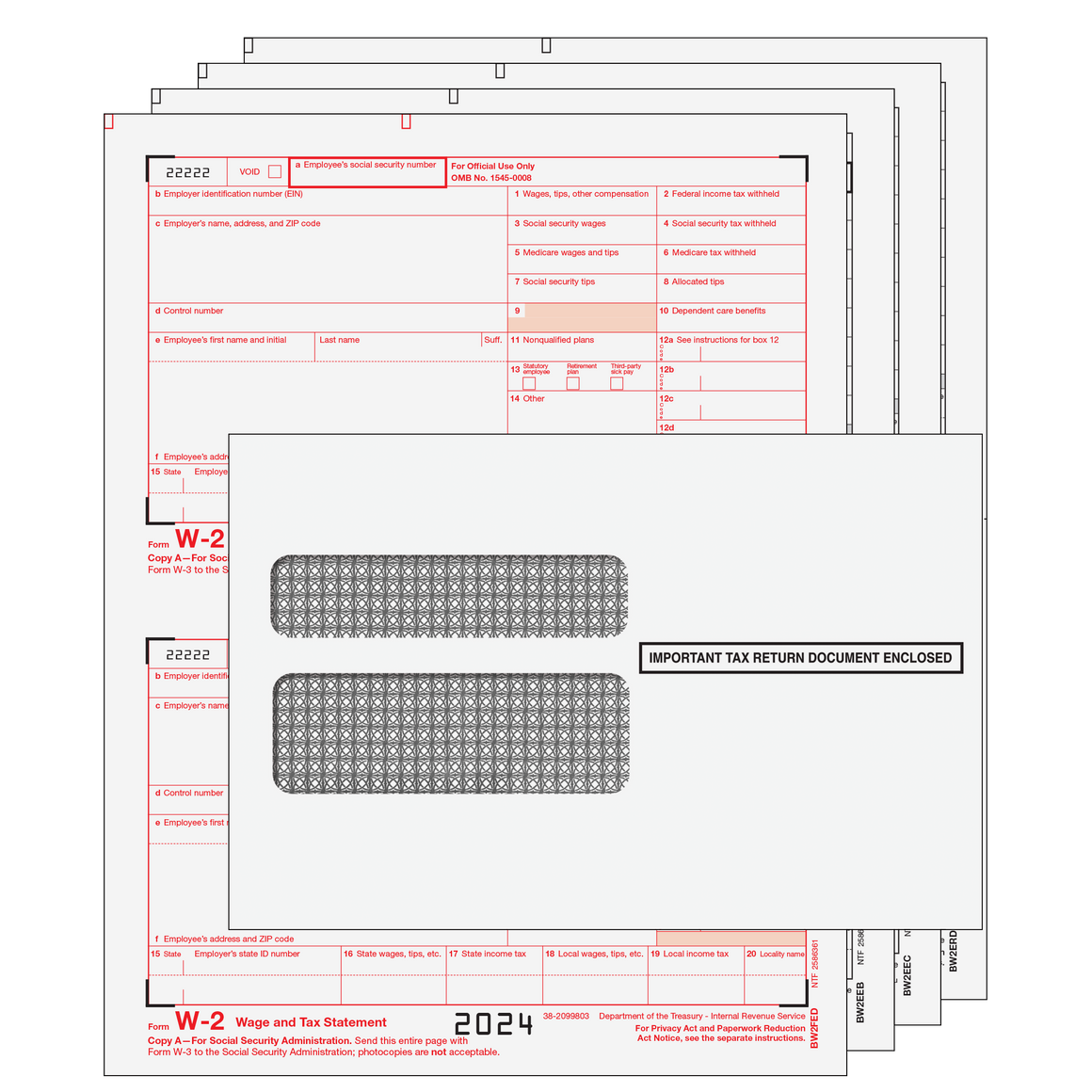 W-2 Set - 2up Preprinted with Tamper Evident Envelope - 4 part