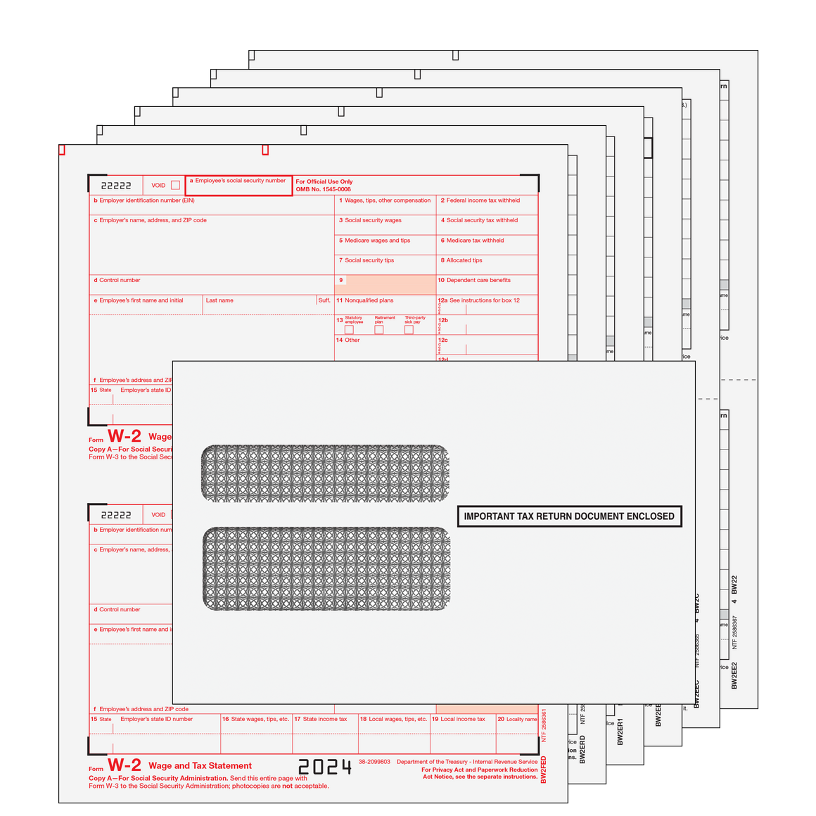 W-2 Set - 2up Preprinted with Tamper Evident Envelope - 6 part